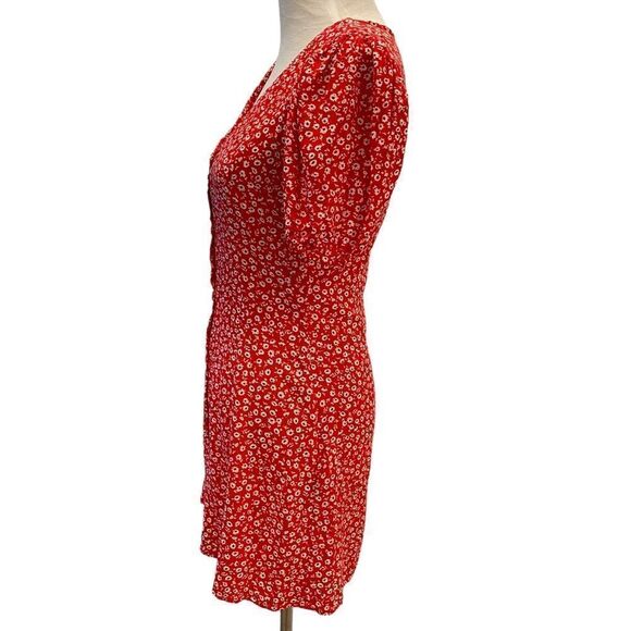 H&M Red Ditsy Floral Boho Festival Shortsleeved Flowy Mini Button Front Sundress - Picture 3 of 7